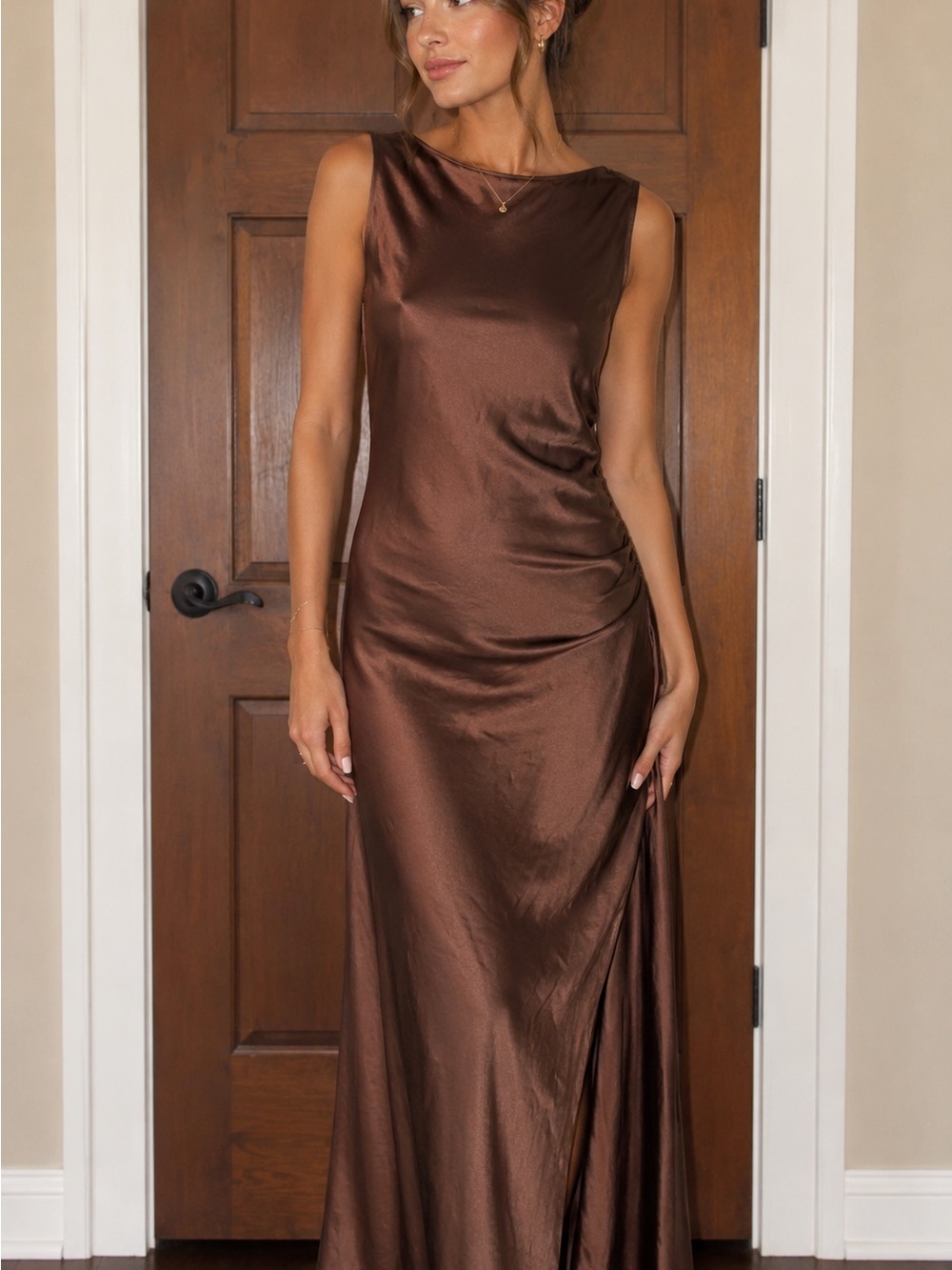 House of Harlow Brown Satin Cowl Criss Cross Back Maxi Dress XL New